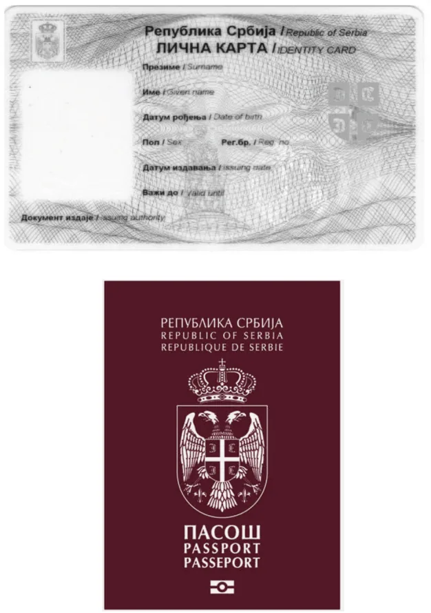 Lična karta Republike Srbije (polja: prezime, ime, datum rođenja, pol, reg. br., datum izdavanja, važi do, dokument izdaje) i korica pasoša Republike Srbije