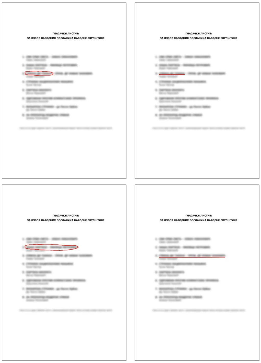Četiri primera glasačkog listića sa zamagljenim nazivima izbornih lista: na prvom je birač zaokružio, a na drugom podvukao deo naziva treće izborne liste; na trećem je zaokružio ceo naziv druge izborne liste, a na četvrtom podvukao ceo naziv treće izborne liste