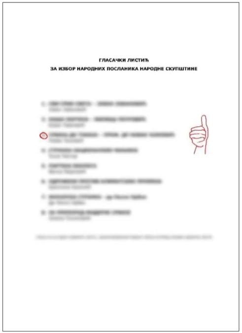Glasački listić na kojem je birač zaokružio redni broj treće izborne liste i pored nje nacrtao podignut palac