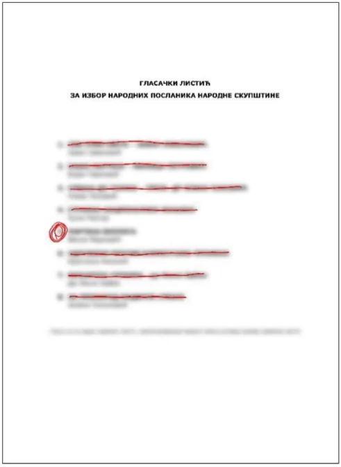 Glasački listić na kojem je birač zaokružio redni broj pete izborne liste i precrtao nazive svih ostalih izbornih lista